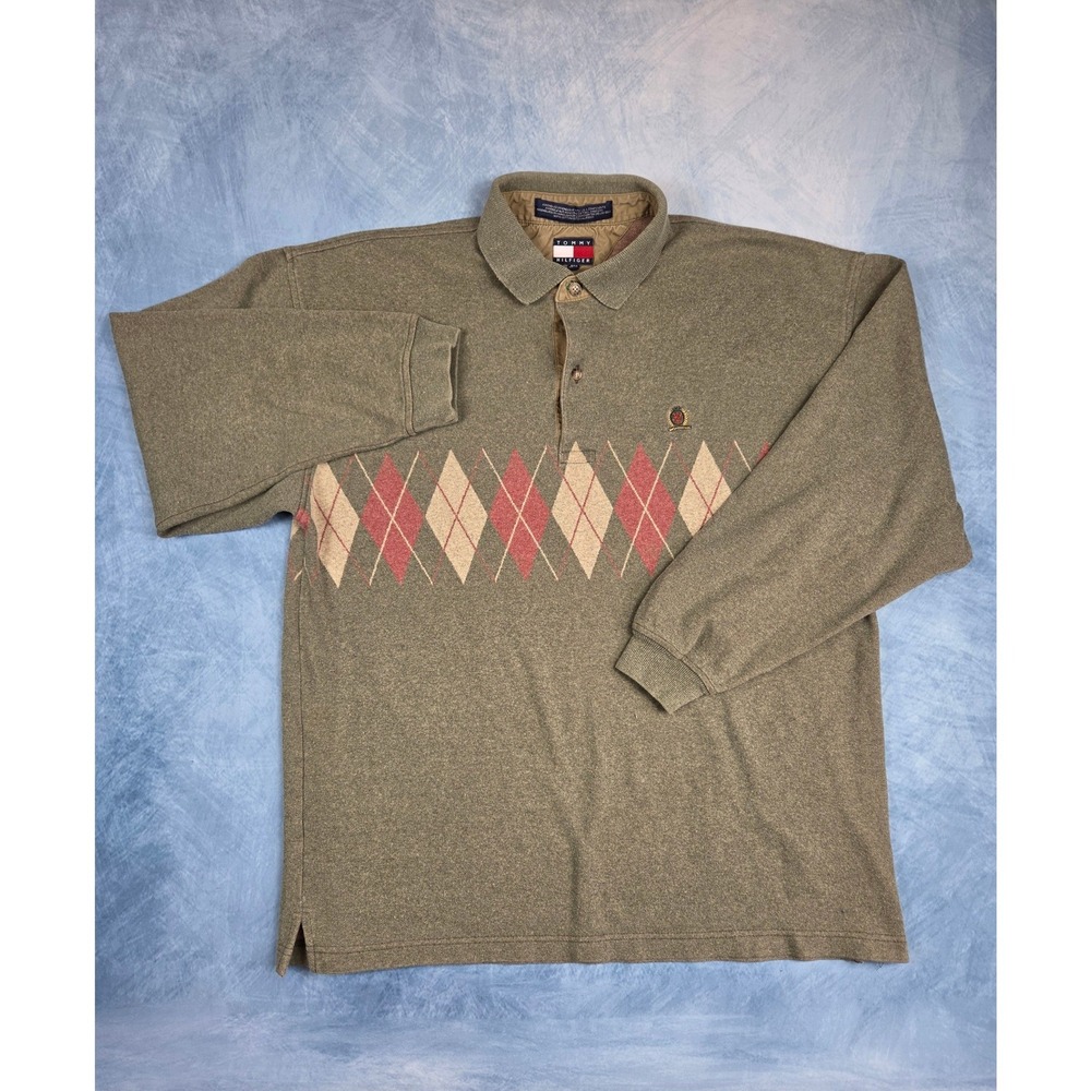 Tommy Hilfiger Vintage Men's Polo Shirt XL Olive Argyle Long Sleeve Crest